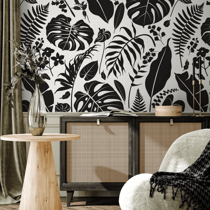 Wallpaper Peel and Stick Wallpaper Removable Wallpaper Home Decor Wall Art Wall Decor Room Decor / Black and White Leaves Wallpaper - C439