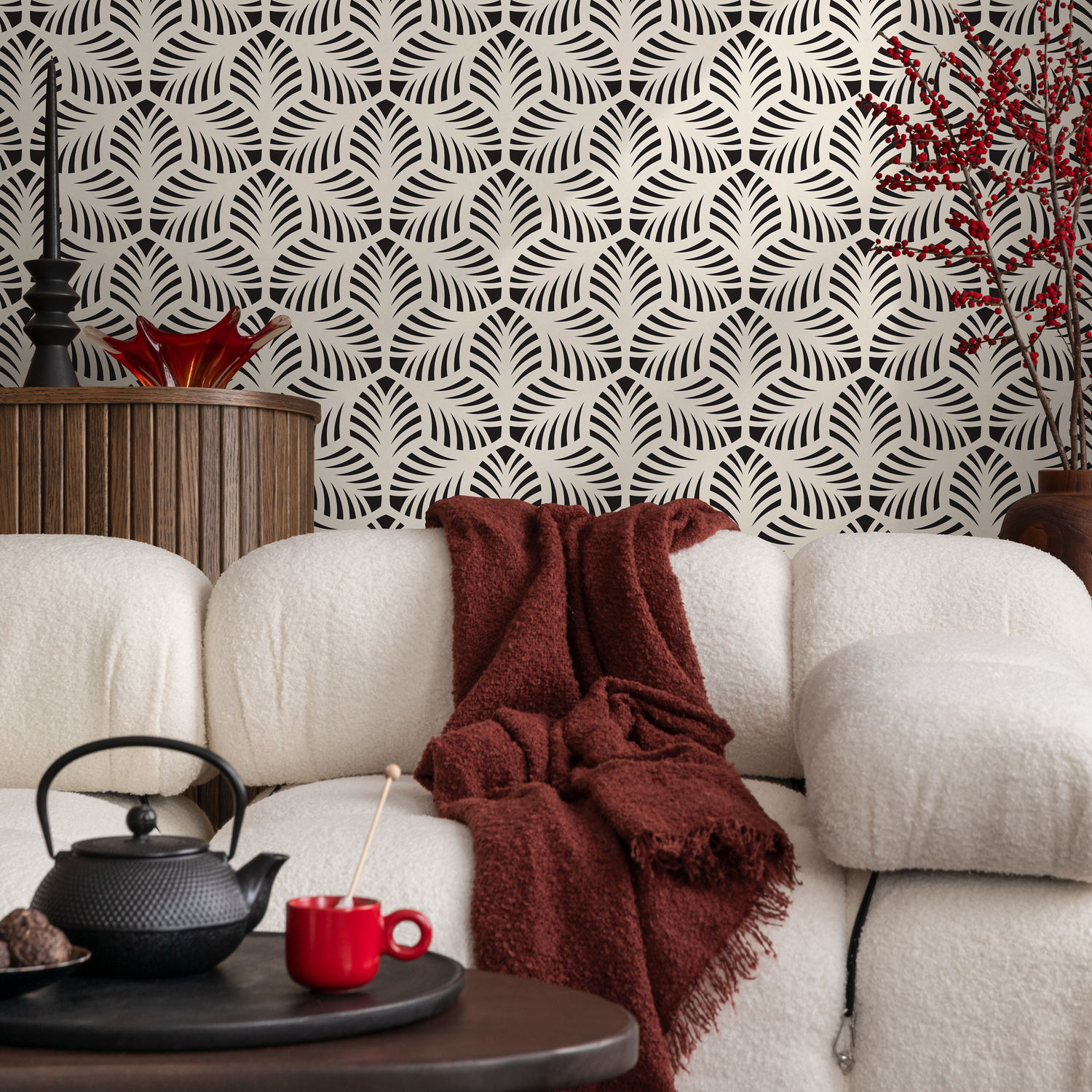 Art Deco Wallpaper with a Geometric Fan Pattern in Black and Cream - C440
