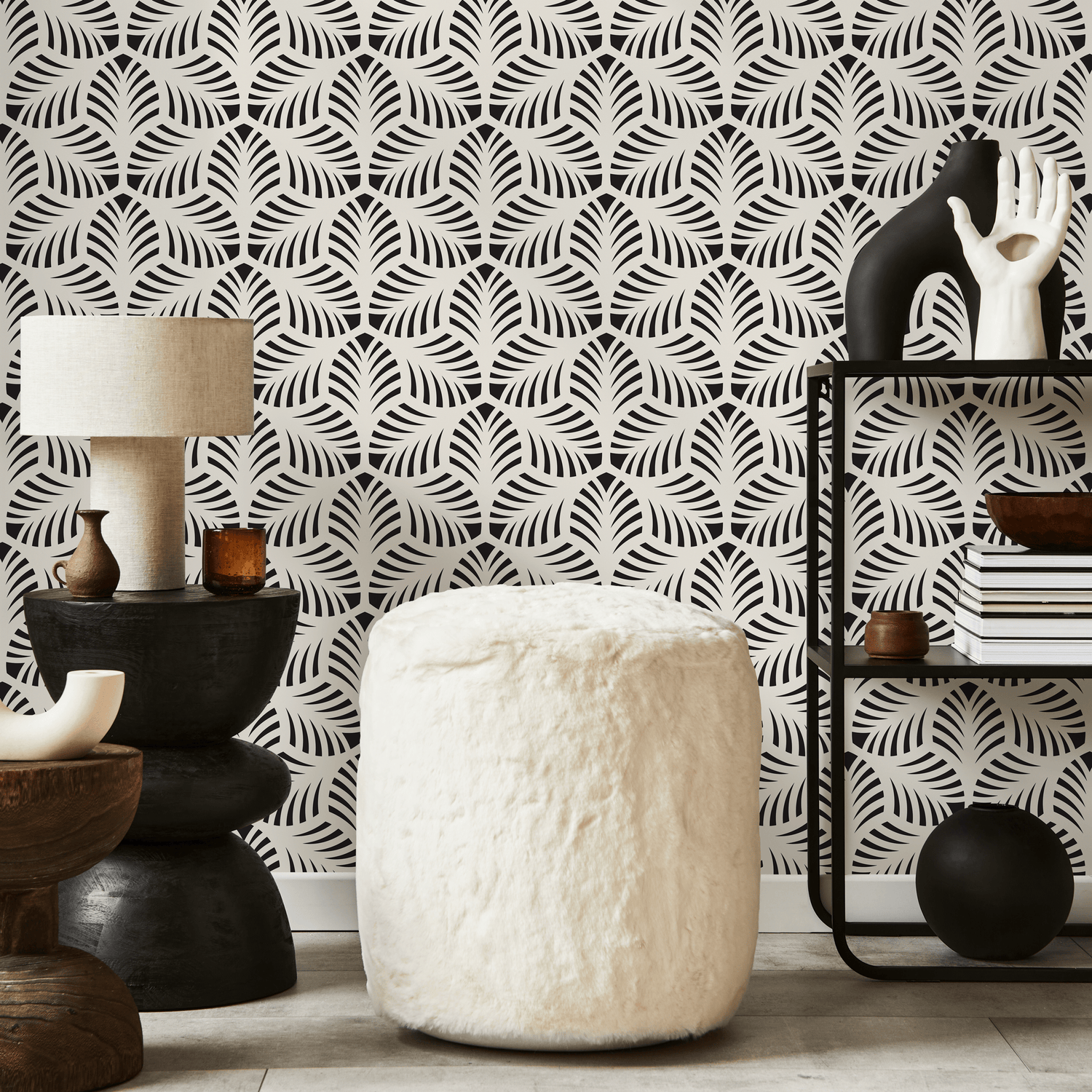 Art Deco Wallpaper with a Geometric Fan Pattern in Black and Cream - C440