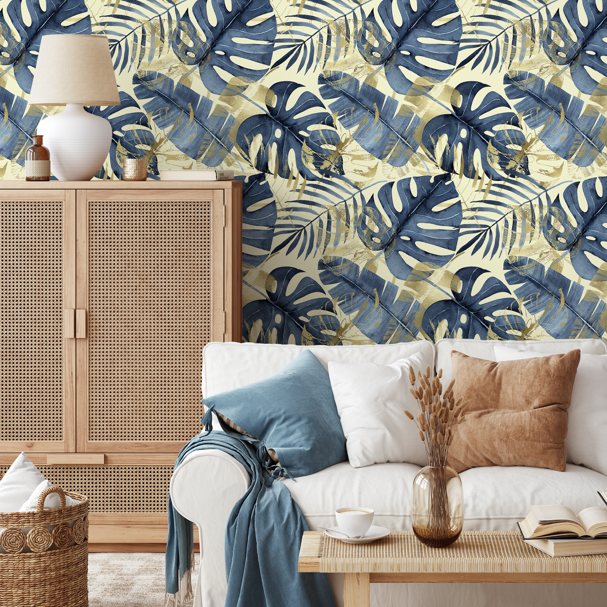 Botanical Wallpaper with Tropical Leaves in Navy Blue and Gold - detail view
