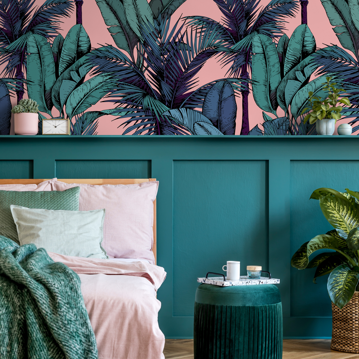 Tropical Wallpaper with Illustrated Palm Trees in Pink, Teal, and Blue - detail view