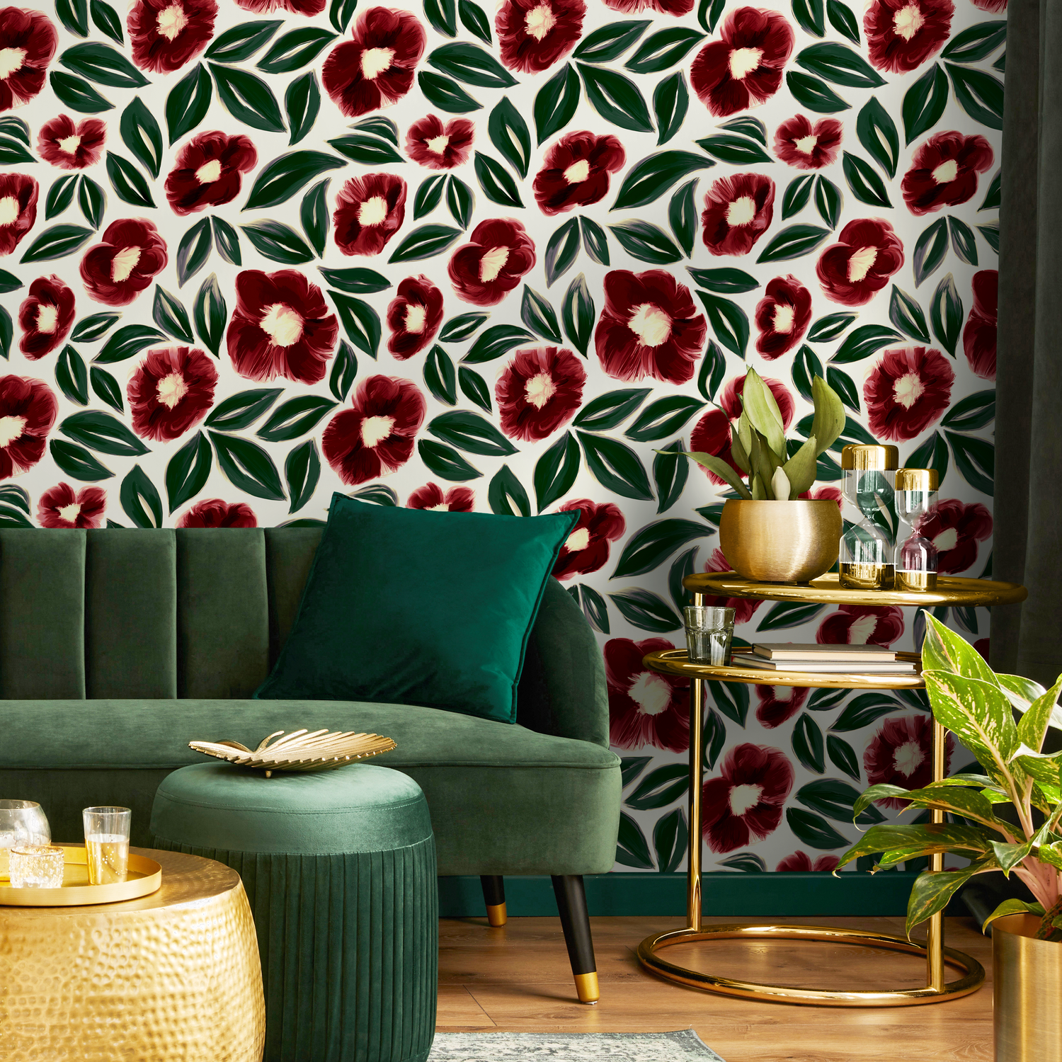 Papel tapiz removible, papel tapiz autoadhesivo, decoración de pared, decoración del hogar, arte de pared imprimible, papel tapiz floral rojo - C443