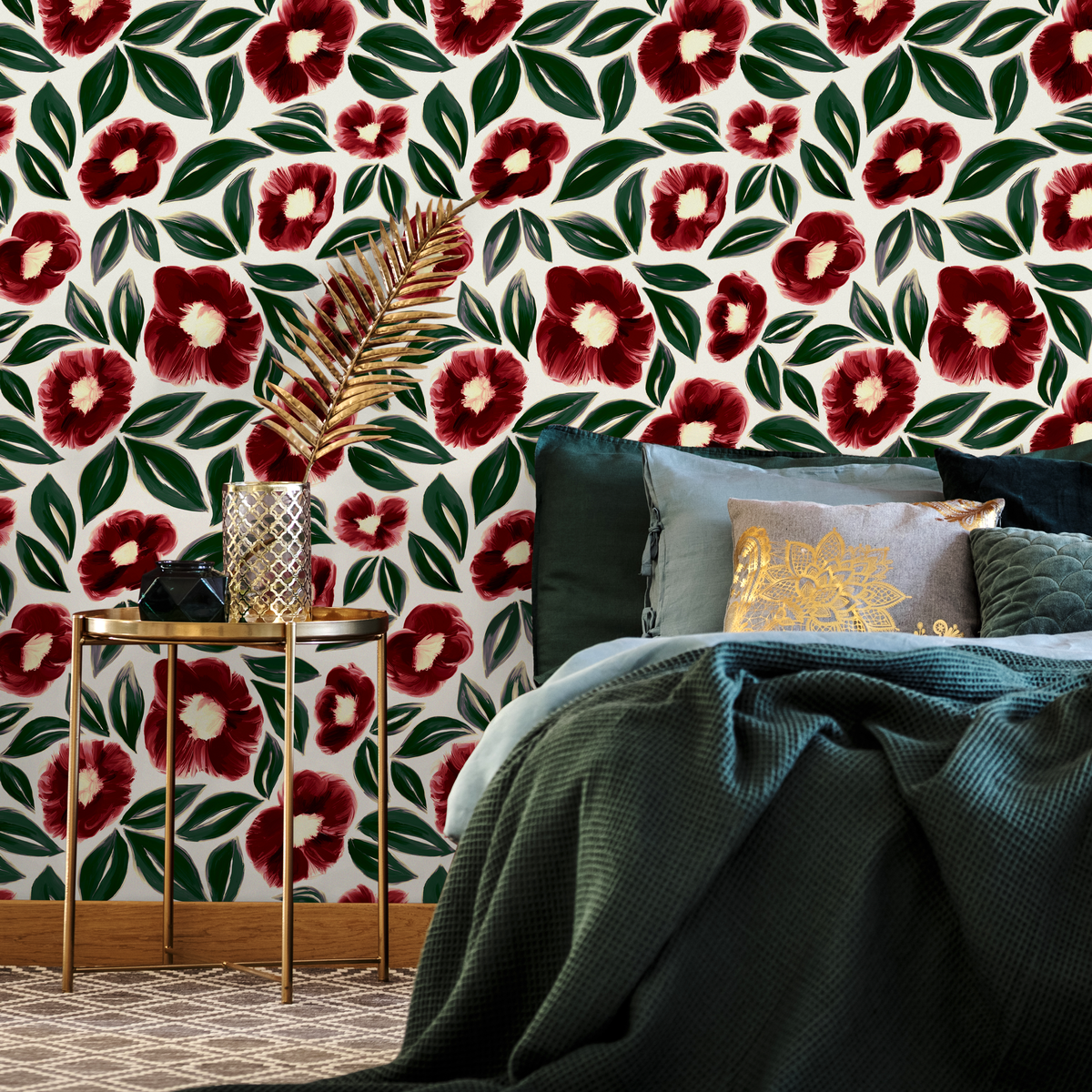 Floral Wallpaper with Painted Anemone Flowers in Red and Green - detail view