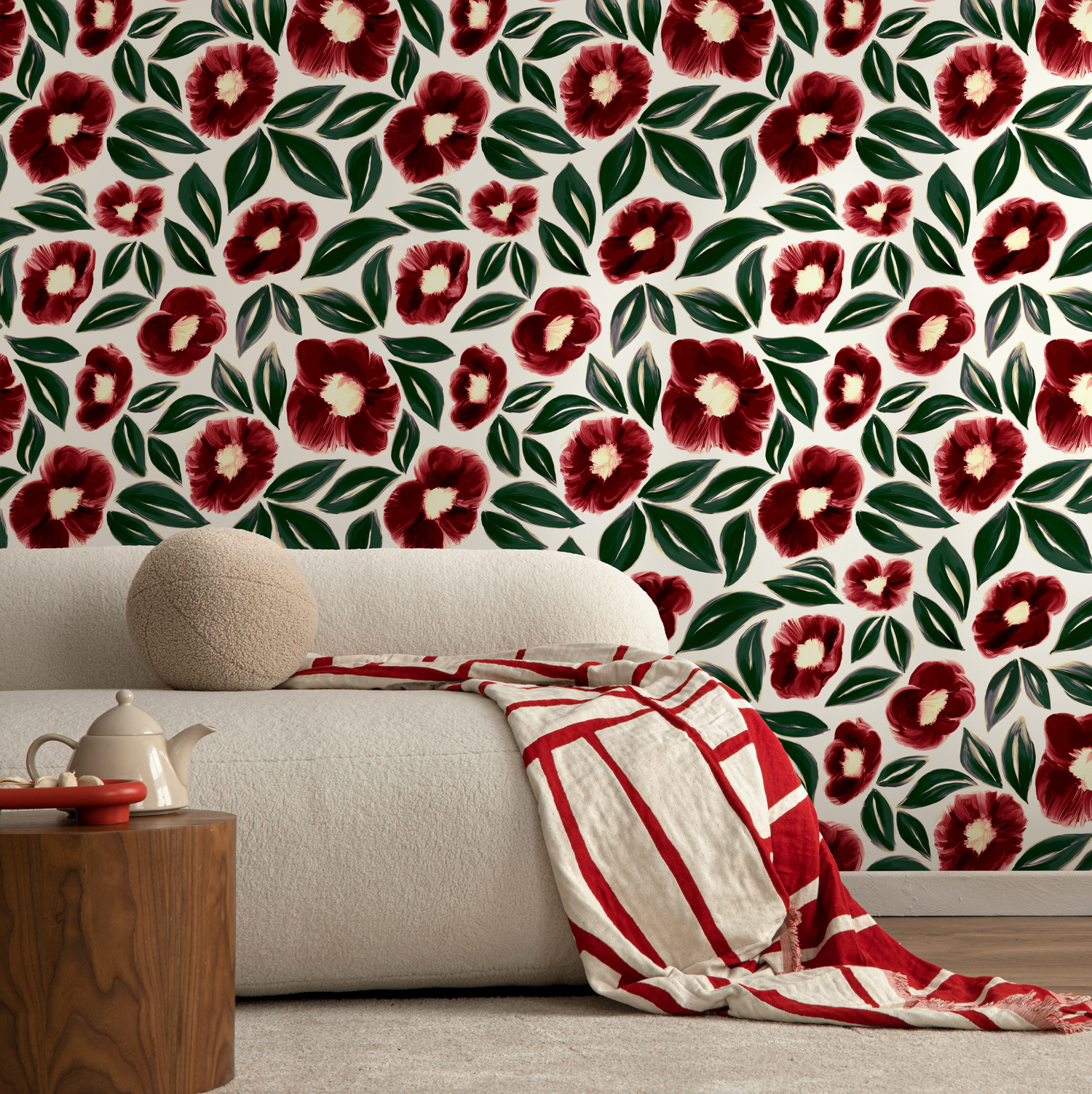 Papel tapiz removible, papel tapiz autoadhesivo, decoración de pared, decoración del hogar, arte de pared imprimible, papel tapiz floral rojo - C443