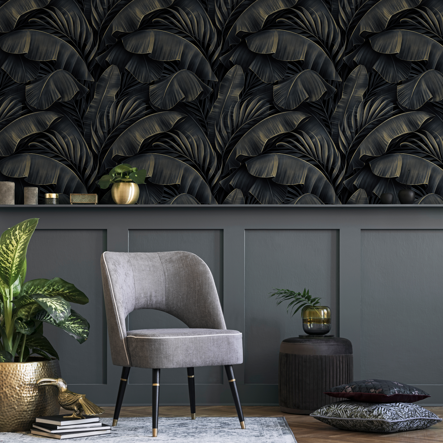 Papier peint autocollant amovible, décoration d'intérieur, art mural, décoration de chambre / Papier peint feuilles de bananier foncées - C444