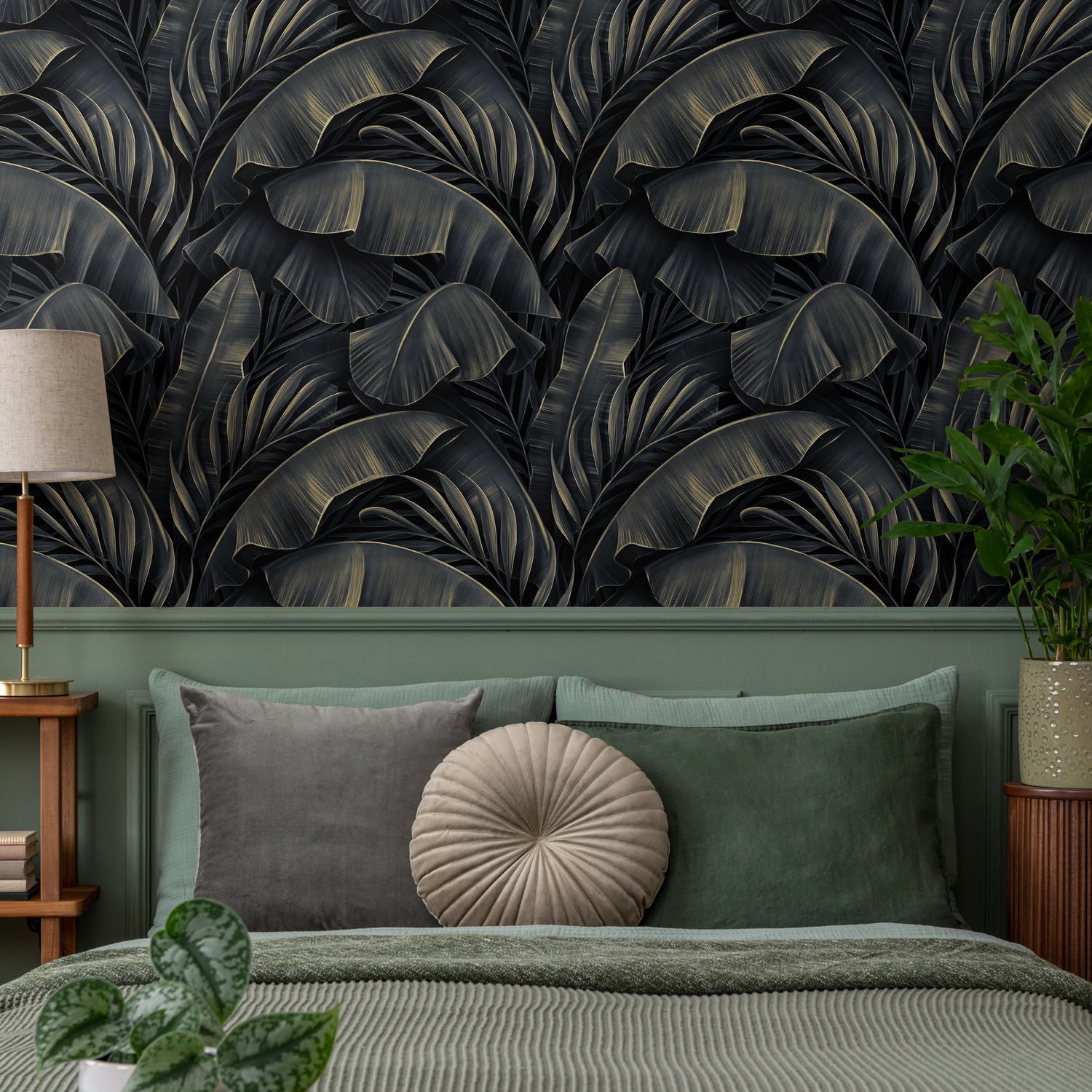 Papier peint autocollant amovible, décoration d'intérieur, art mural, décoration de chambre / Papier peint feuilles de bananier foncées - C444