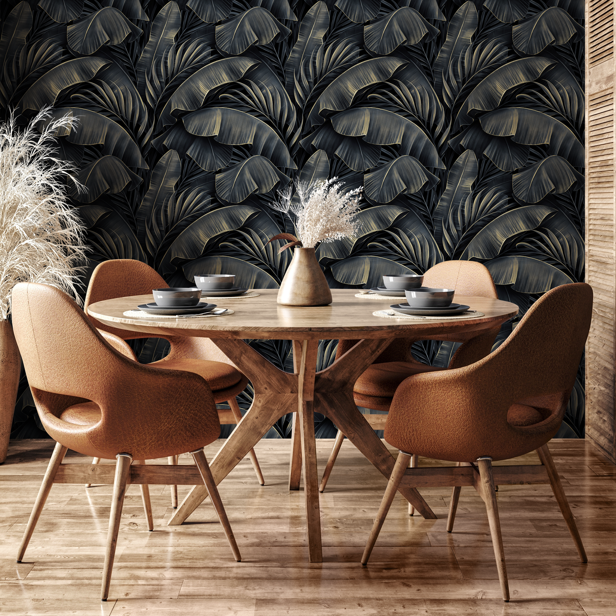 Botanical Wallpaper Featuring Layered Banana Leaves in Black and Gold - detail view