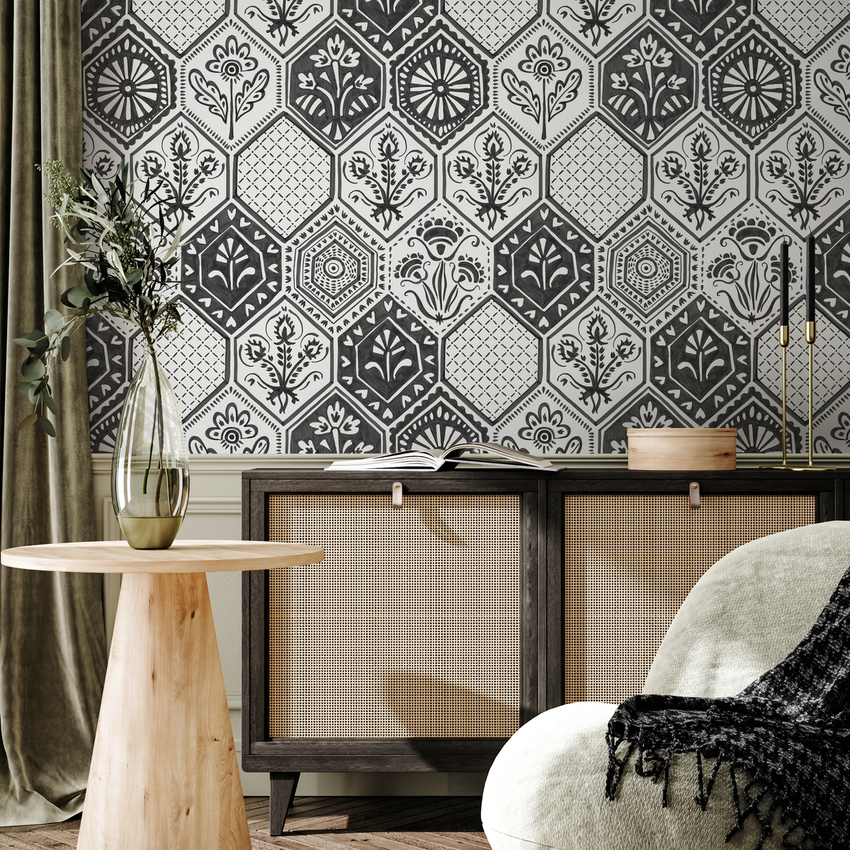 Damask Wallpaper Featuring Intricate Hexagonal Tiles in Black and White - detail view