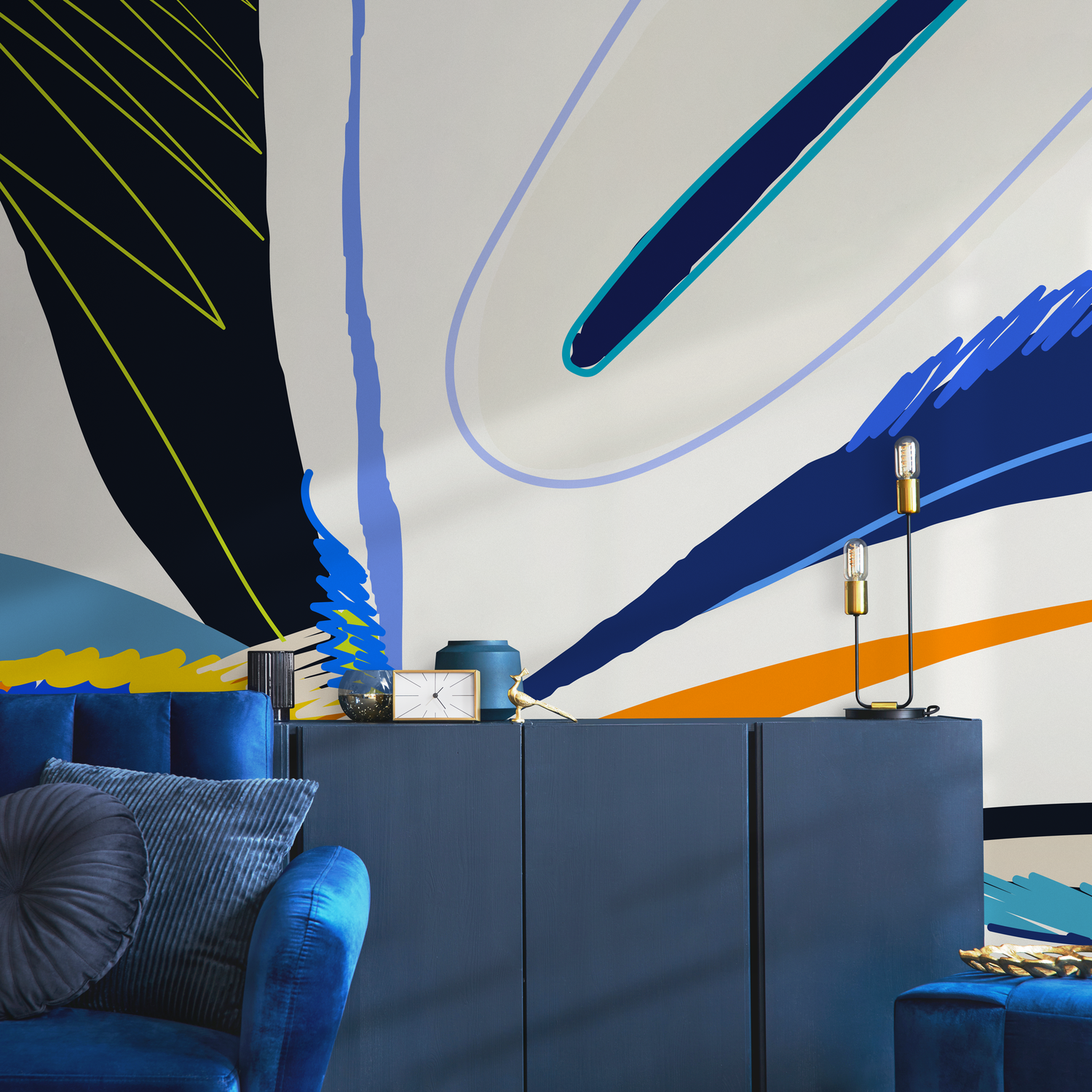 Papier peint autocollant amovible, décoration d'intérieur, art mural, décoration de chambre, papier peint mural abstrait bleu - C447