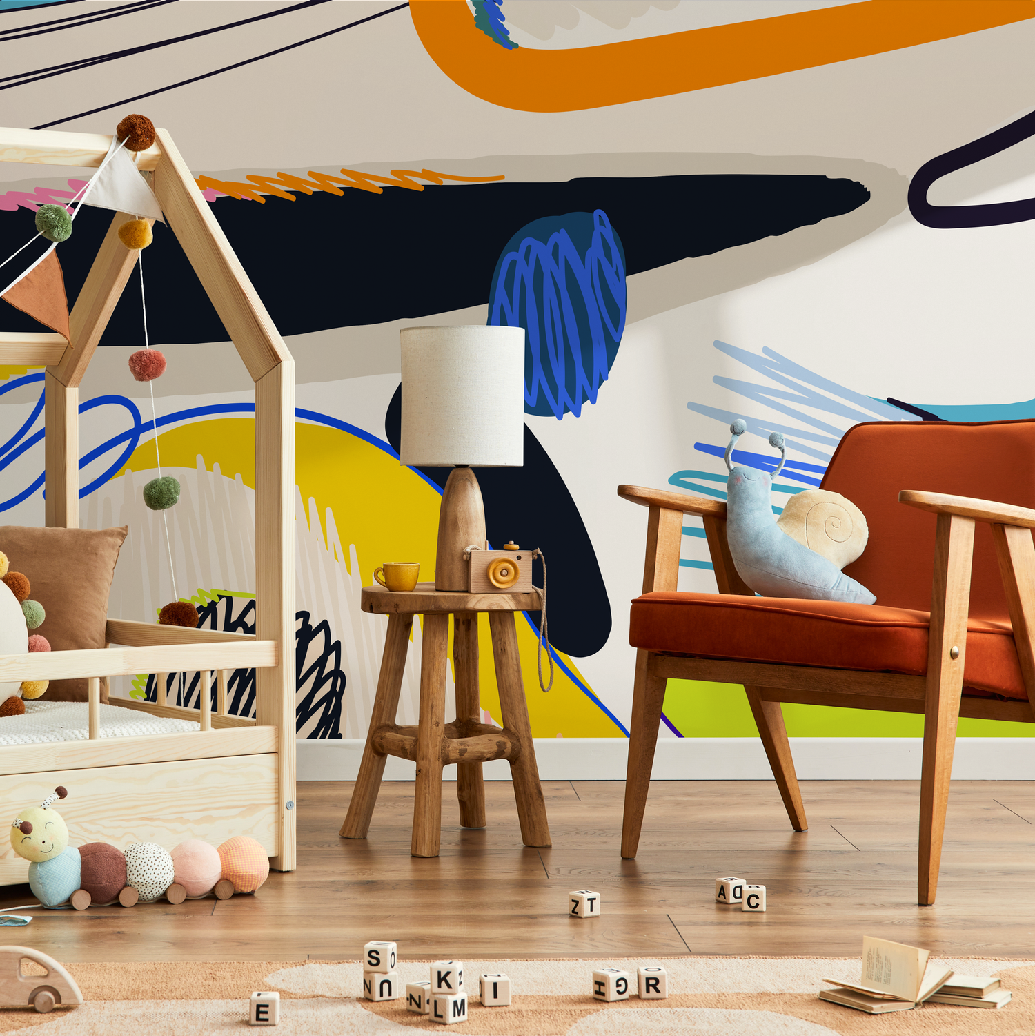 Abstract Wallpaper with Bold Shapes and Scribbles in Blue, Orange, and Yellow - C448