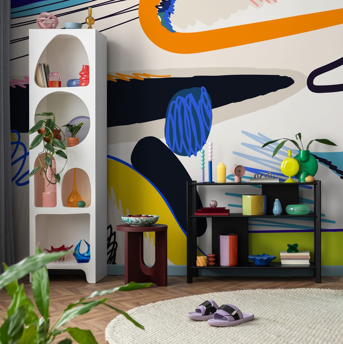 Abstract Wallpaper with Bold Shapes and Scribbles in Blue, Orange, and Yellow - detail view