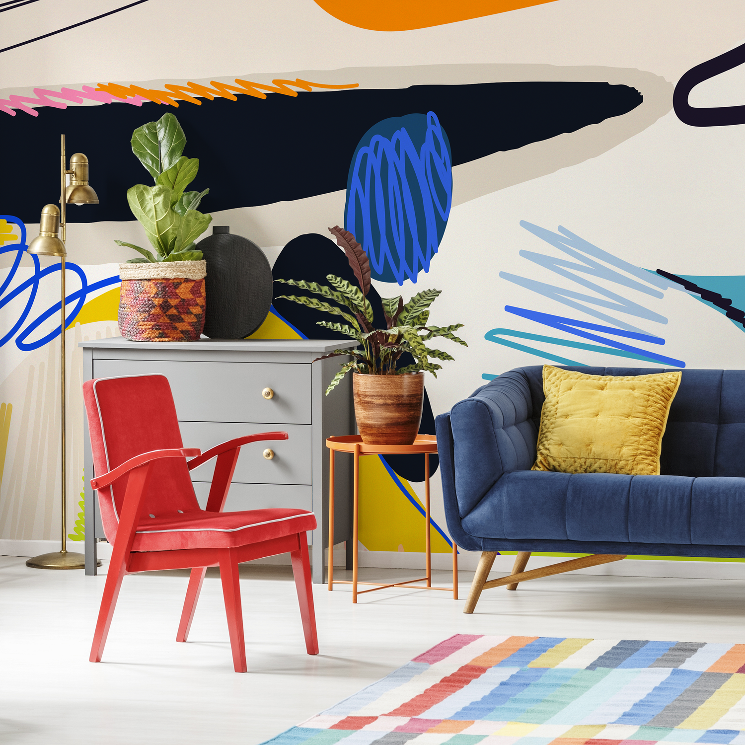 Abstract Wallpaper with Bold Shapes and Scribbles in Blue, Orange, and Yellow - C448