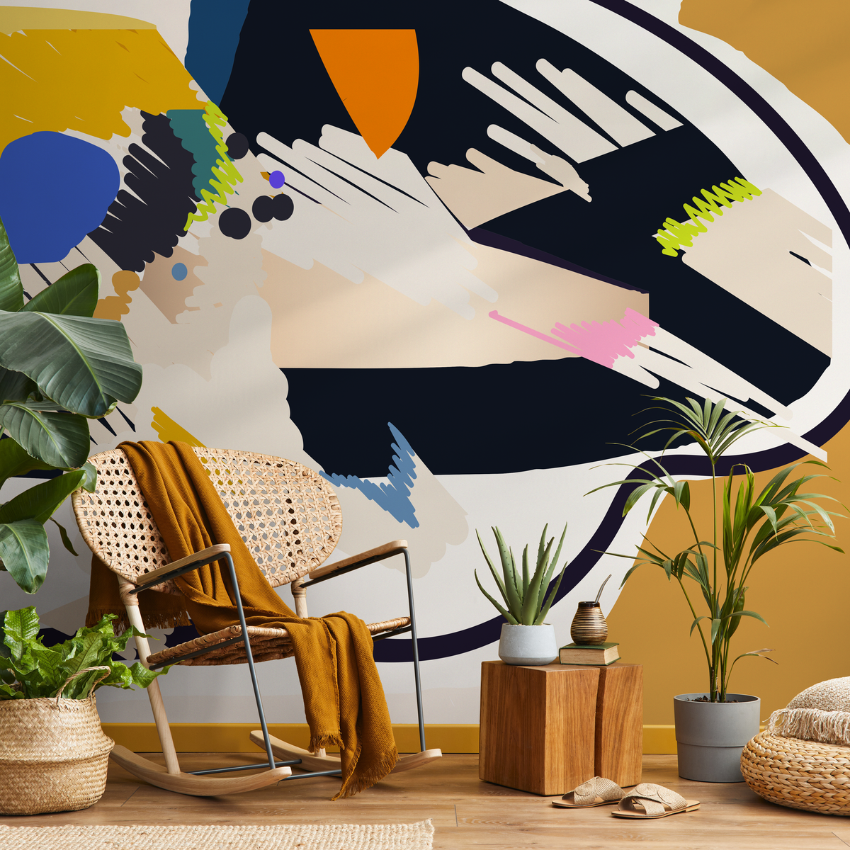 Abstract Wallpaper with Bold Brush Strokes in Blue, Yellow, and Orange - detail view