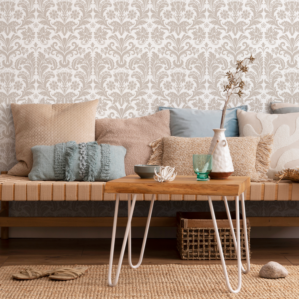 Damask Wallpaper with a Classic Intricate Motif in Beige - detail view