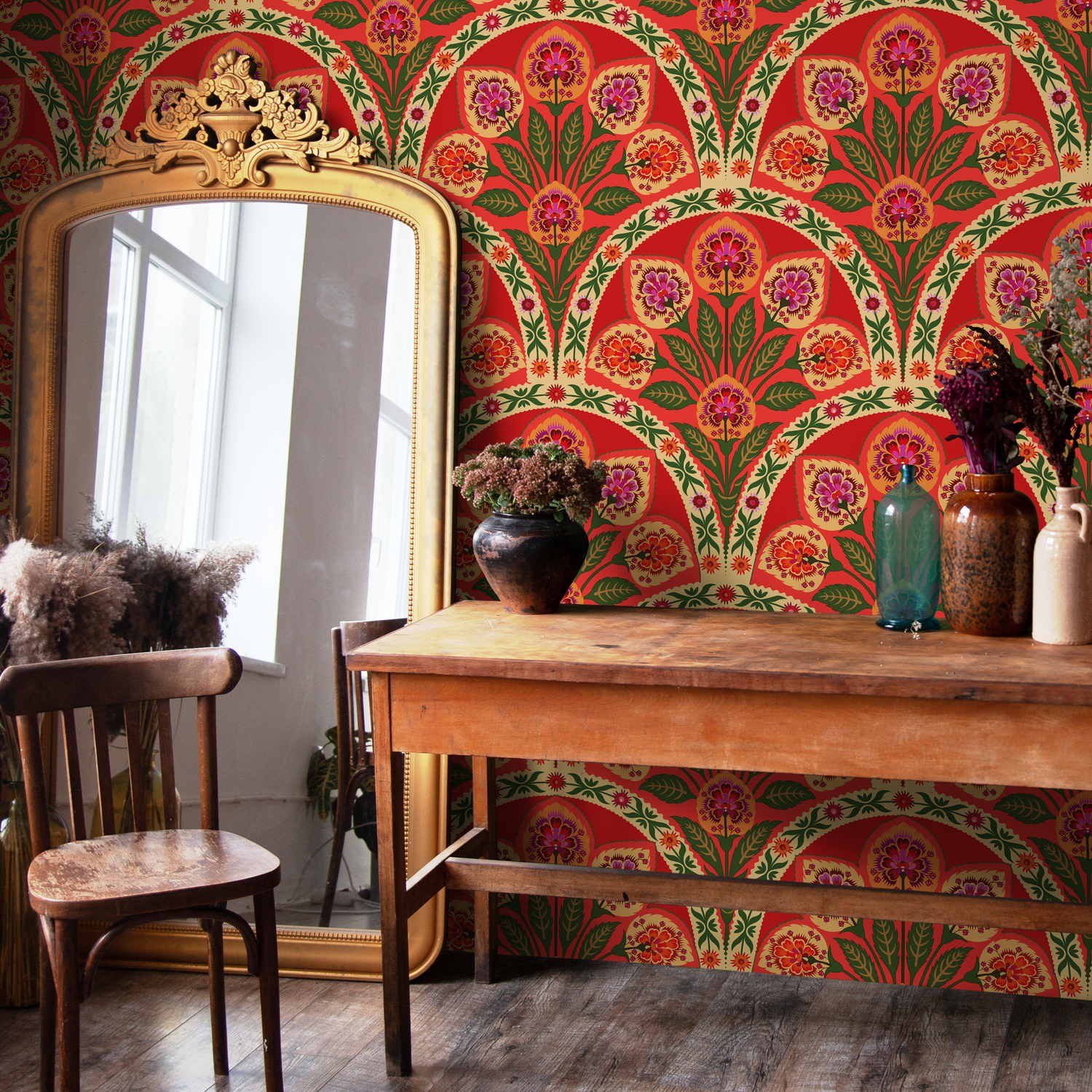 Papel tapiz removible, papel tapiz autoadhesivo, decoración de pared, decoración del hogar, arte de pared imprimible, papel tapiz Art Nouveau rojo - C451