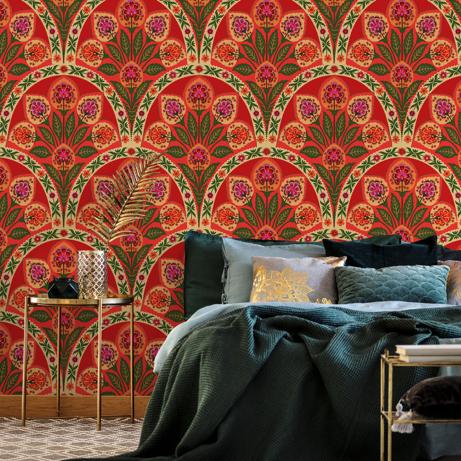 Papel tapiz removible, papel tapiz autoadhesivo, decoración de pared, decoración del hogar, arte de pared imprimible, papel tapiz Art Nouveau rojo - C451