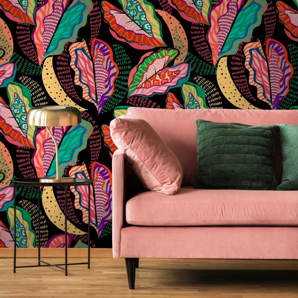 Abstract Wallpaper with Bold Patterned Leaves in Pink, Teal, and Orange - detail view