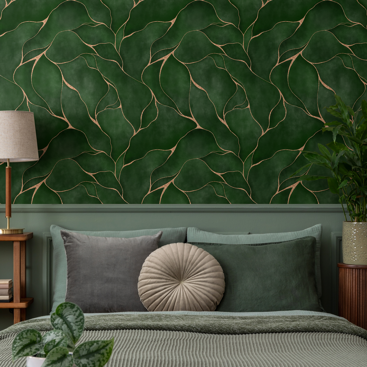 Abstract Wallpaper with Wavy Golden Lines in Green and Gold - room view