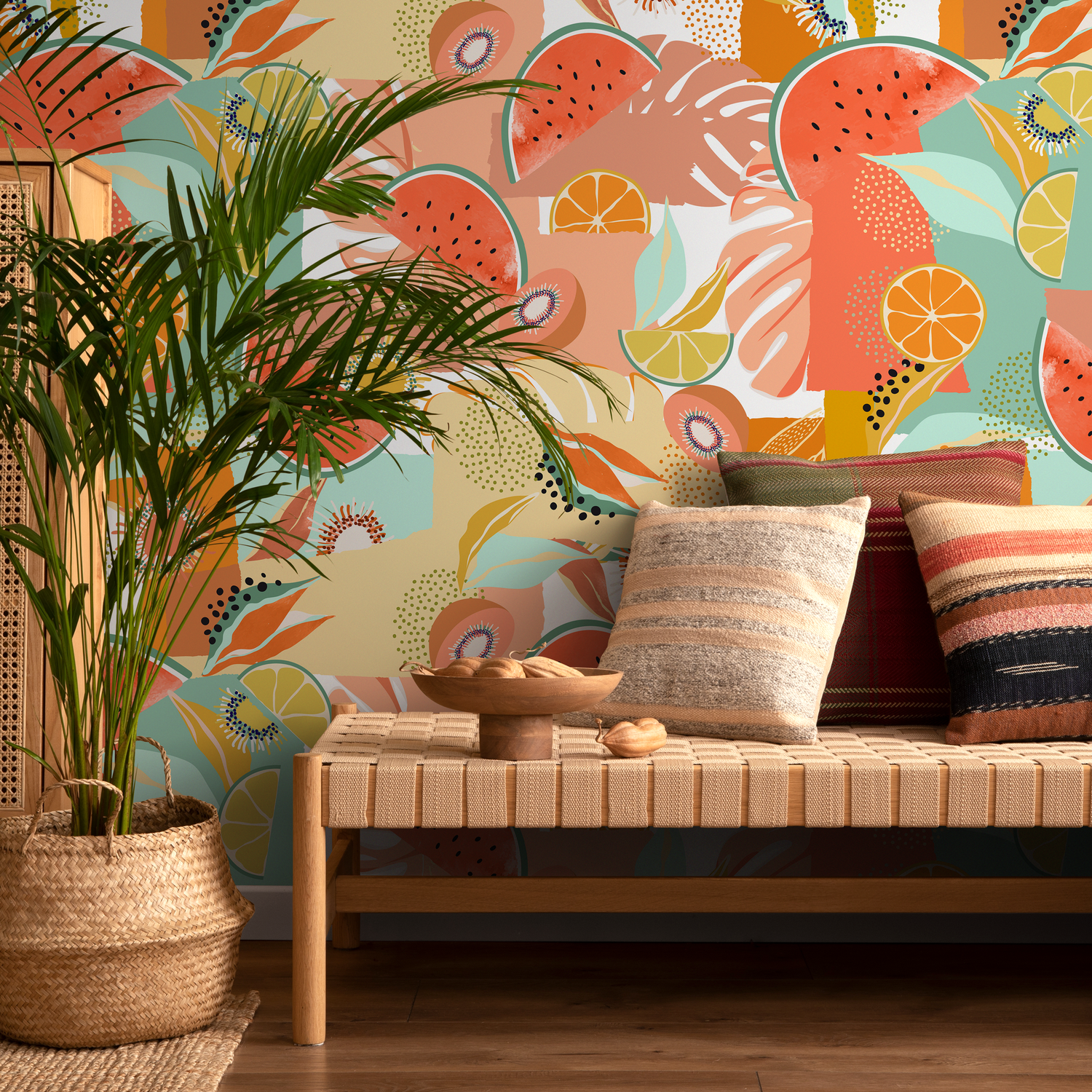 Abstract Wallpaper Featuring a Collage of Tropical Fruits in Coral, Green, and Yellow - C456