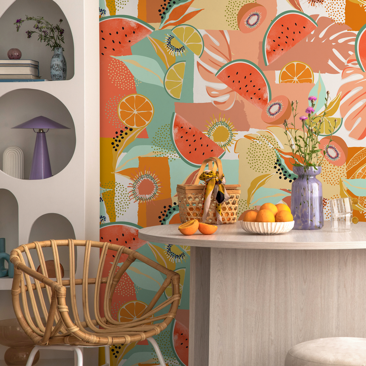 Abstract Wallpaper Featuring a Collage of Tropical Fruits in Coral, Green, and Yellow - detail view