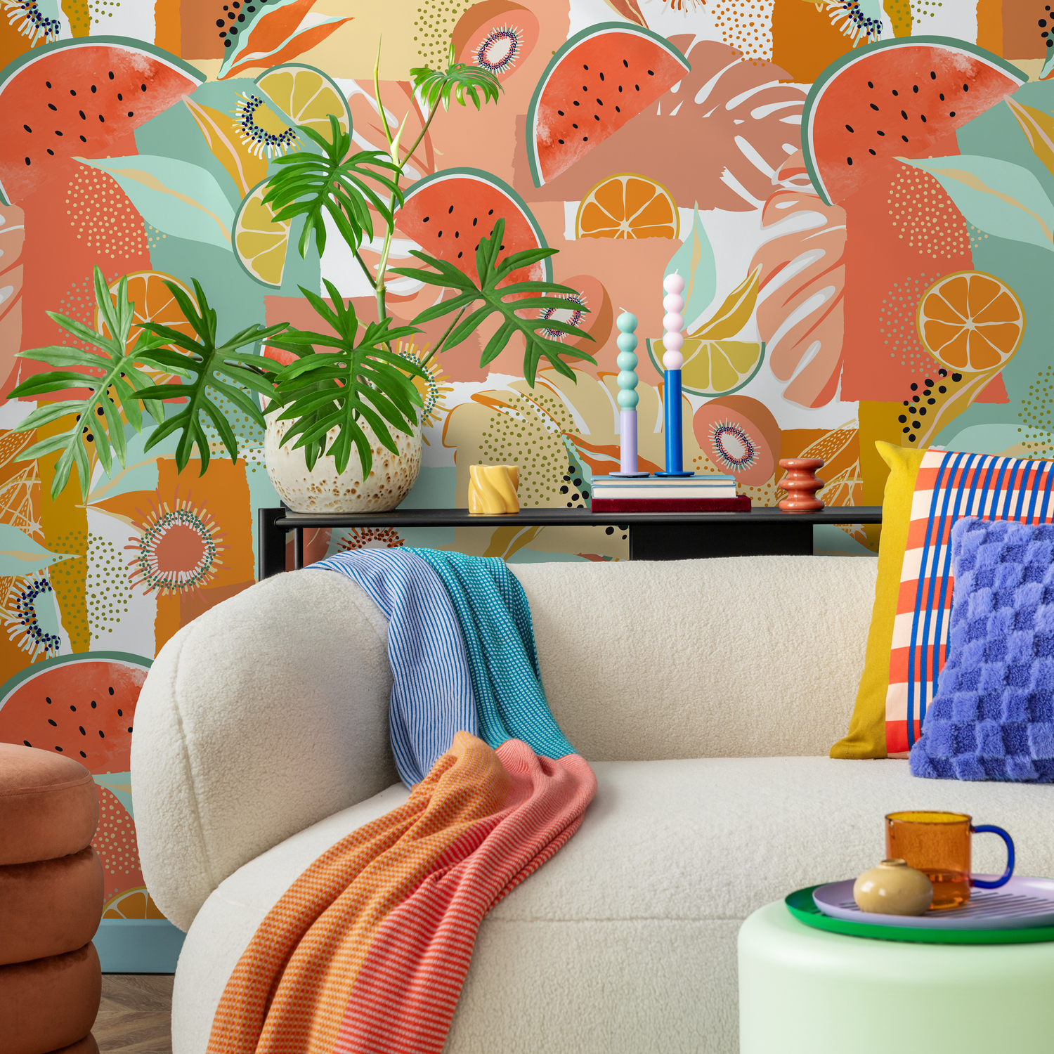 Abstract Wallpaper Featuring a Collage of Tropical Fruits in Coral, Green, and Yellow - C456