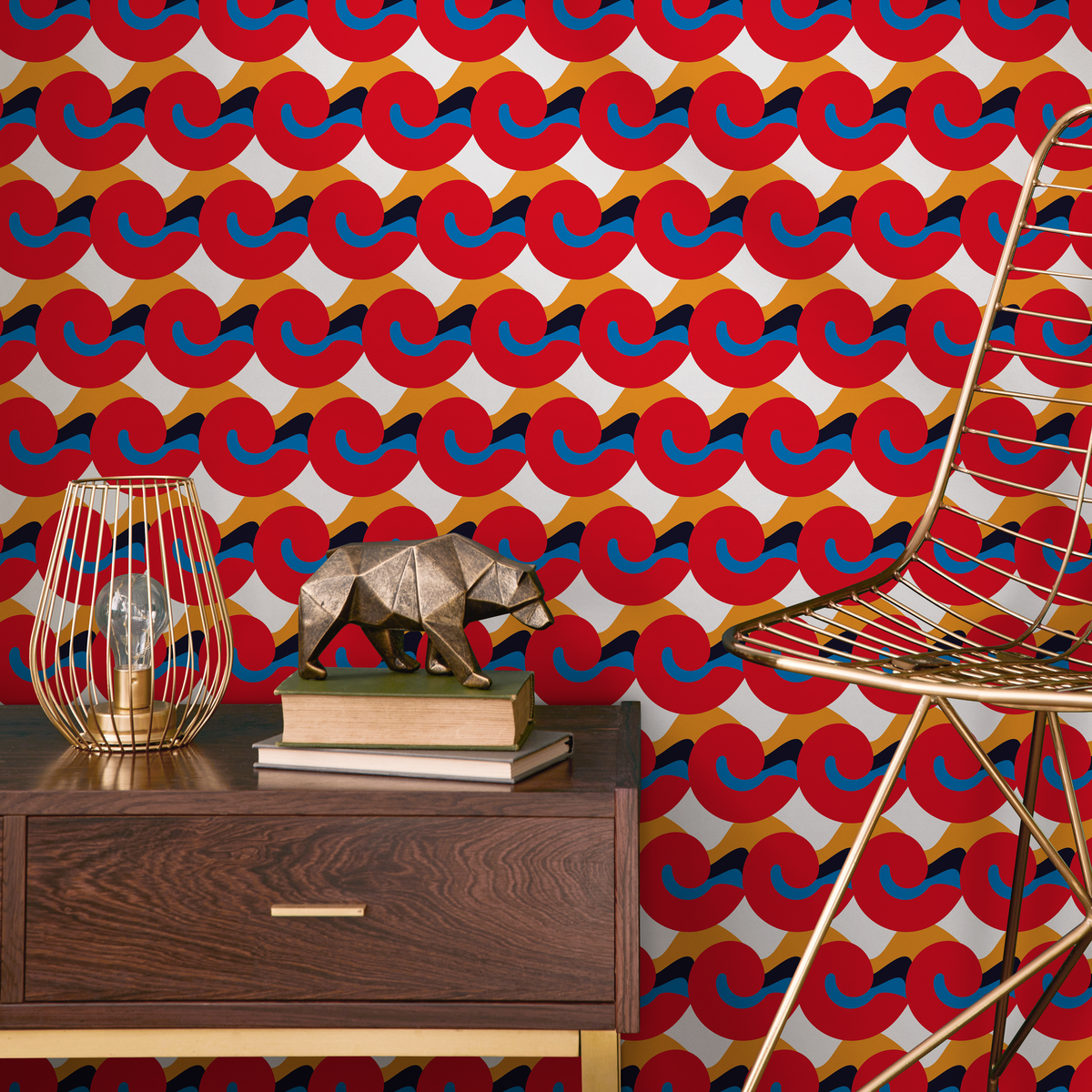Geometric Wallpaper with Abstract Curved Shapes in Red, Blue, and Gold - detail view