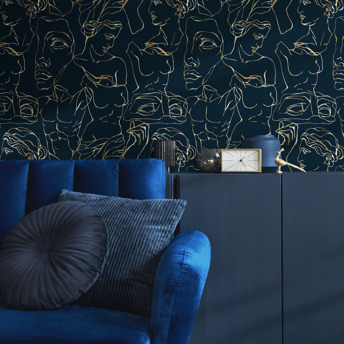 Line Art Wallpaper with Classical Greek Figures in Navy and Gold - detail view