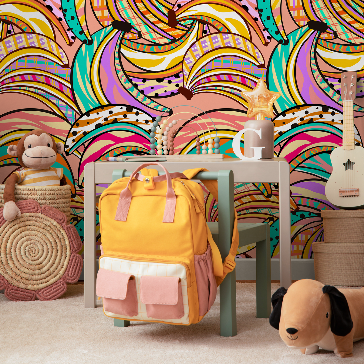 Abstract Wallpaper with a Graphic Banana Motif in Pink, Yellow, and Turquoise - detail view