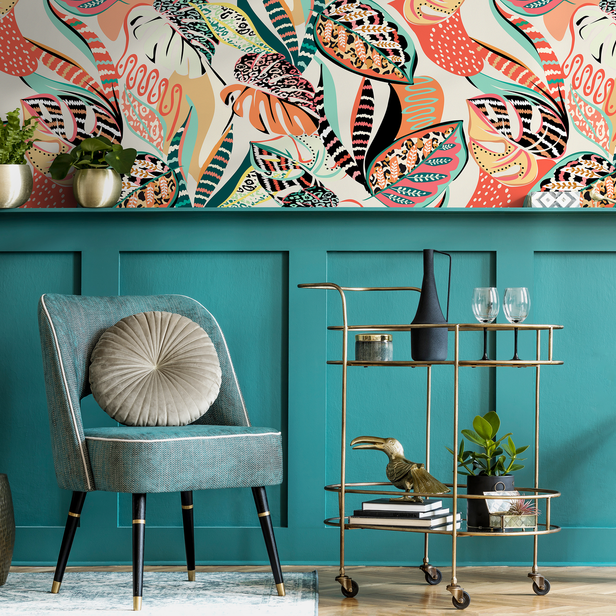 Abstract Wallpaper with Eclectic Botanical Forms in Coral, Teal, and Black - detail view