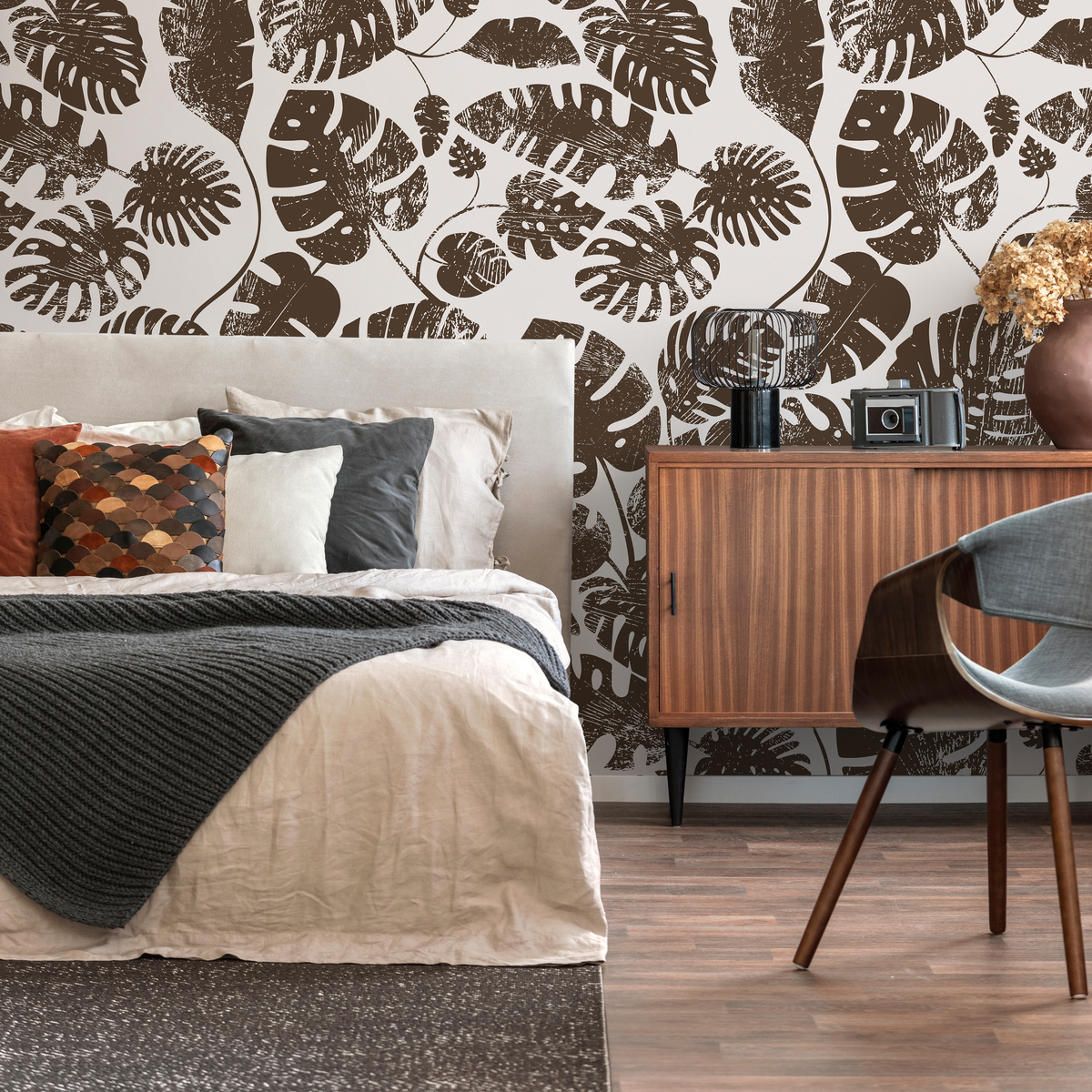 Botanical Wallpaper with Distressed Monstera Leaves in Brown - detail view