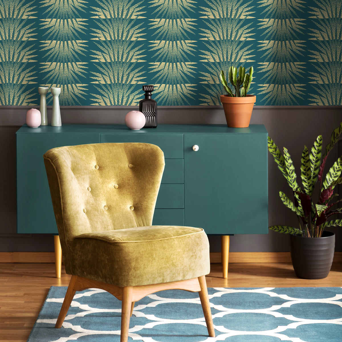 Art Deco Wallpaper with a Stippled Sunburst Motif in Teal and Gold - detail view
