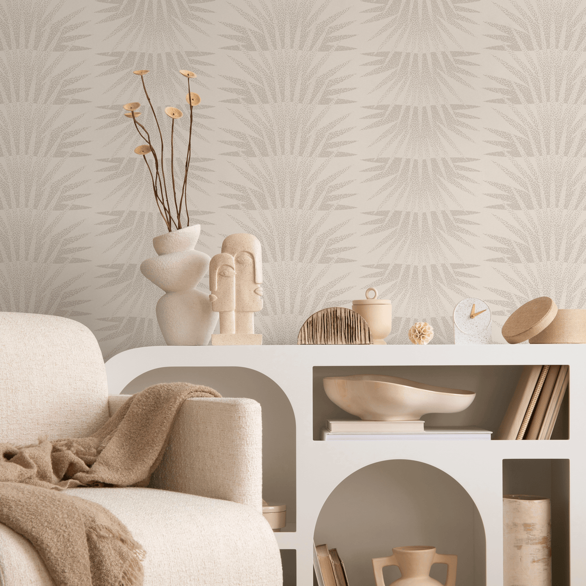 Art Deco Minimalist Wallpaper with a Stylized Sunburst Motif in Beige and Cream - detail view