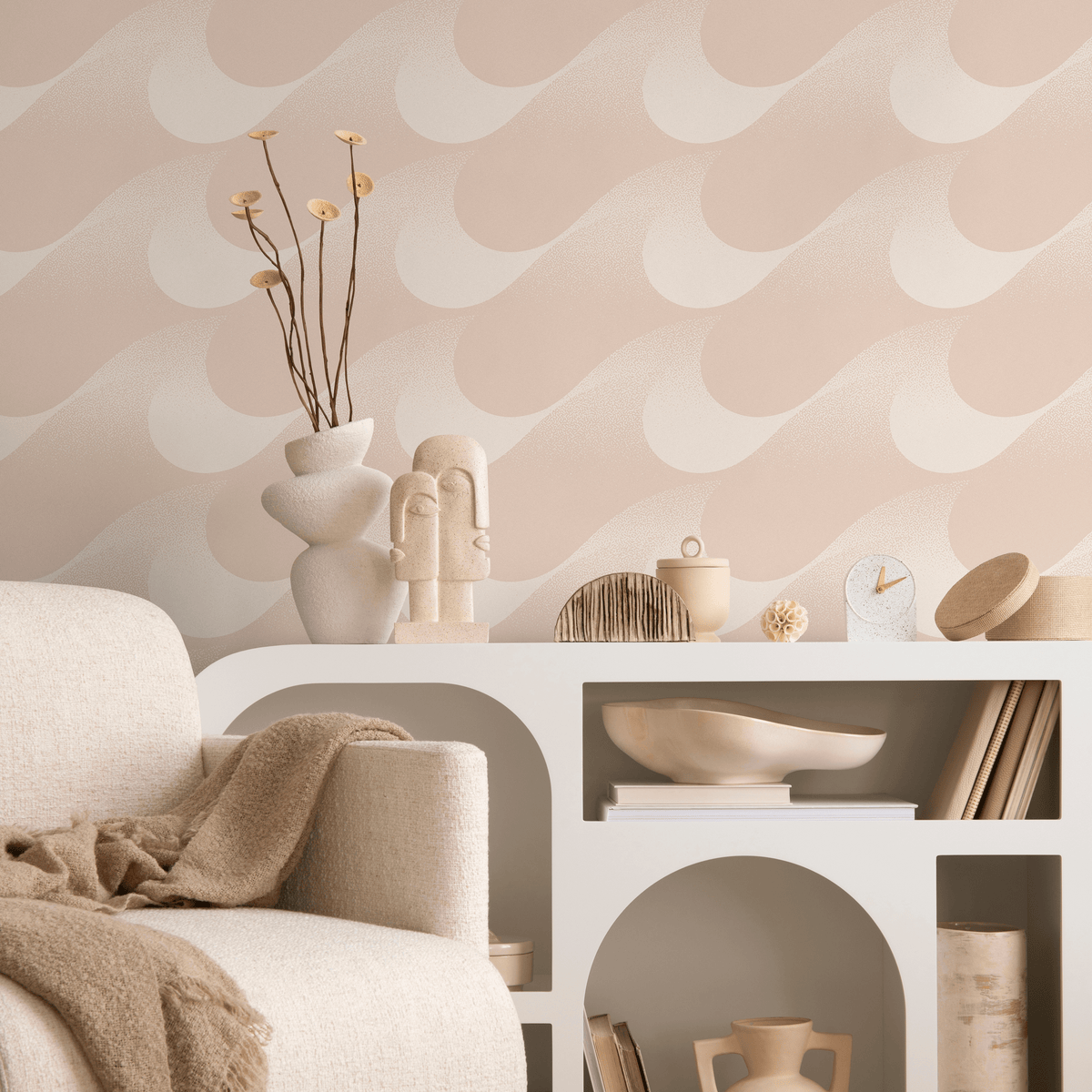 Abstract Wallpaper with a Stippled Wave Pattern in Beige and Cream - detail view