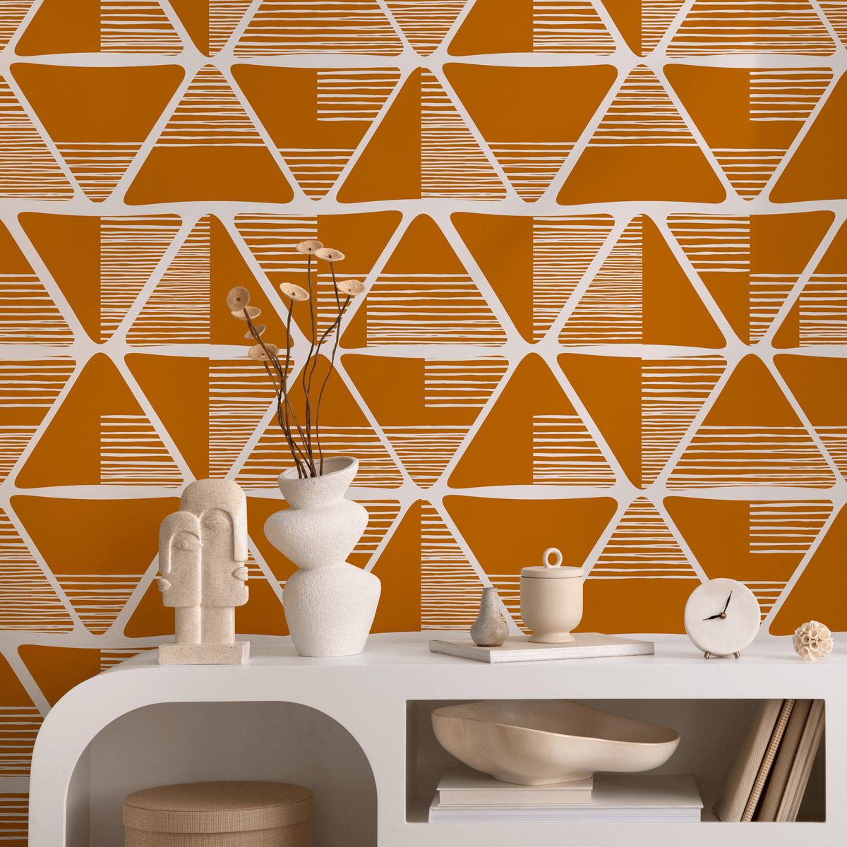 Geometric Wallpaper with Hand-Drawn Triangles in Orange and White - detail view
