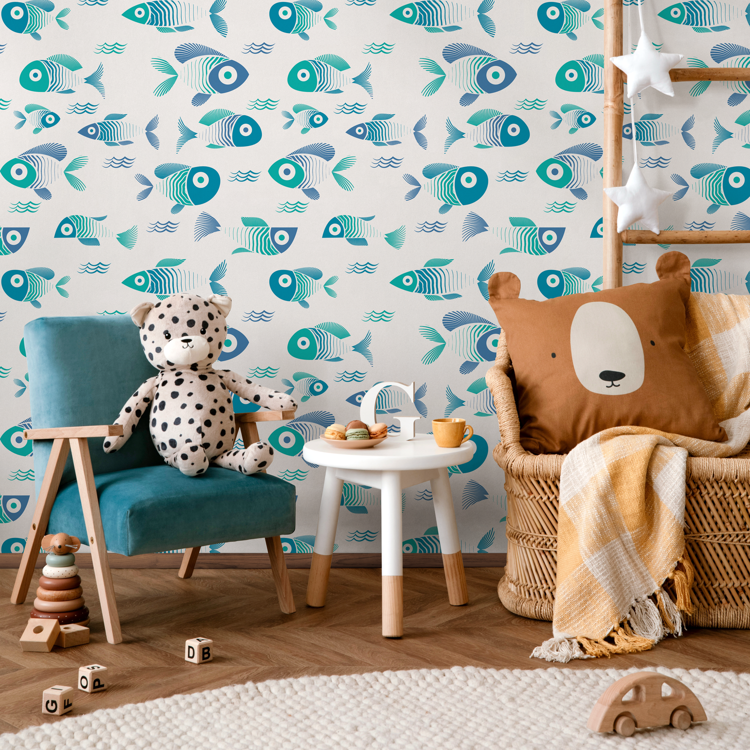 Papel tapiz autoadhesivo, papel tapiz extraíble, decoración del hogar, arte de pared, decoración de habitaciones / Papel tapiz de peces lindos - C467