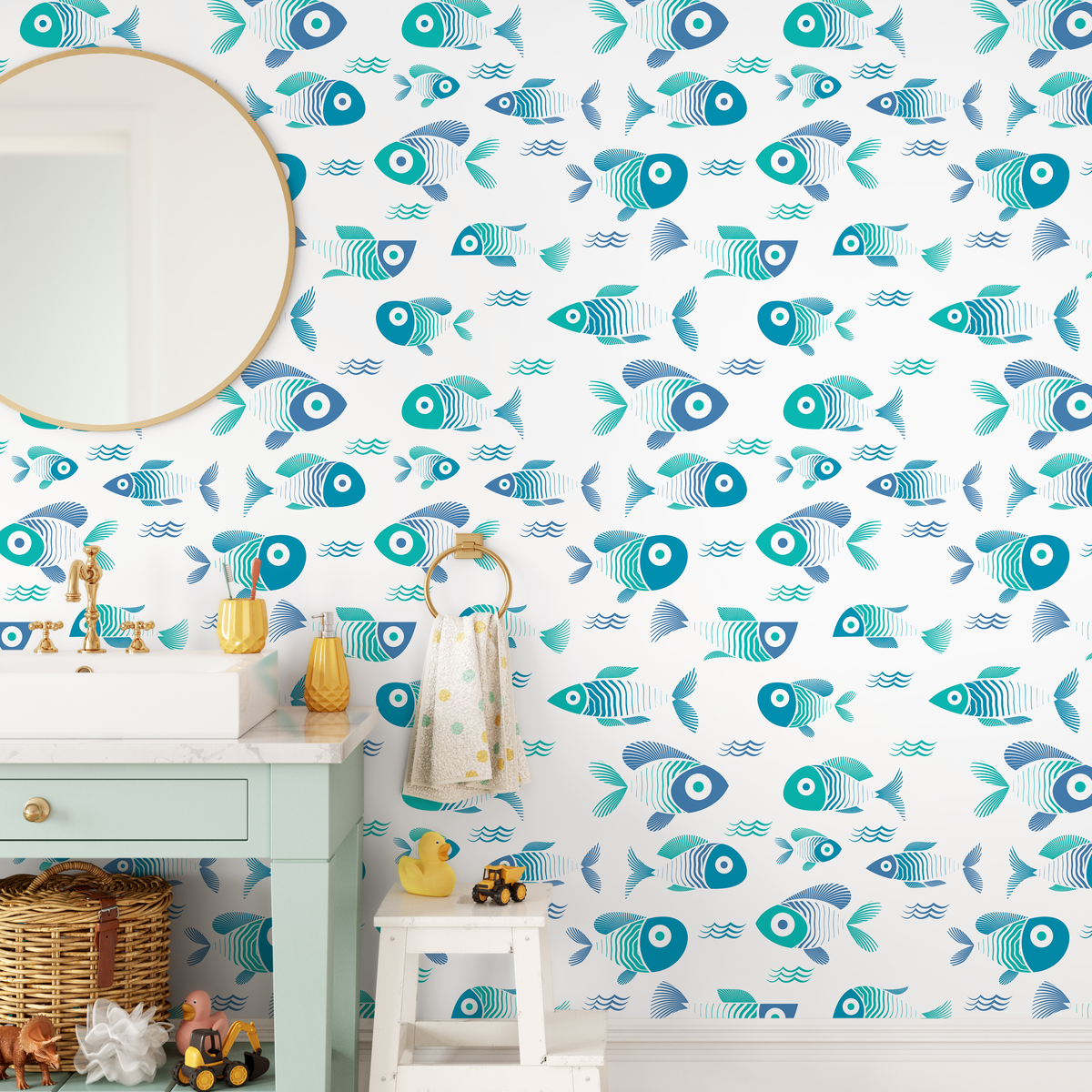 Nautical Wallpaper Featuring a School of Fish in Blue and Teal - detail view