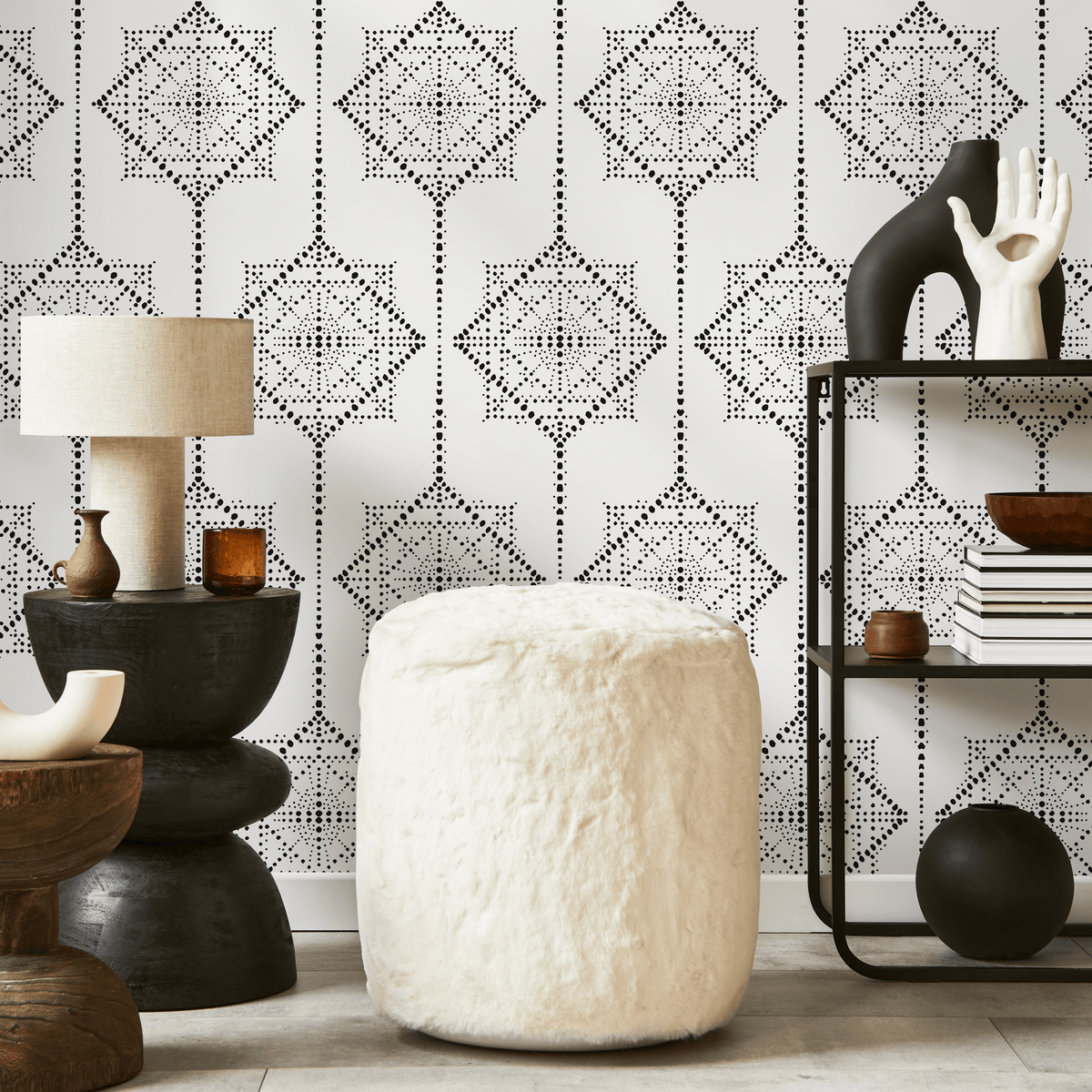 Geometric Wallpaper with Dotted Medallion Motifs in Black and White - detail view