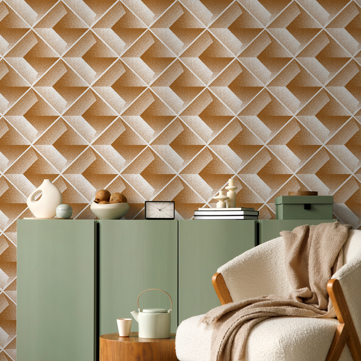 Geometric Wallpaper Featuring a 3D Cube Illusion in Copper and White - detail view