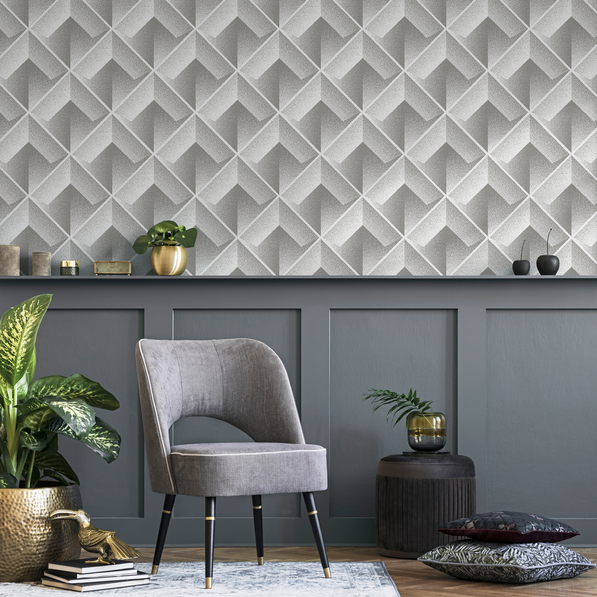 Geometric Wallpaper with a 3D Stippled Cube Motif in Grey and White - detail view