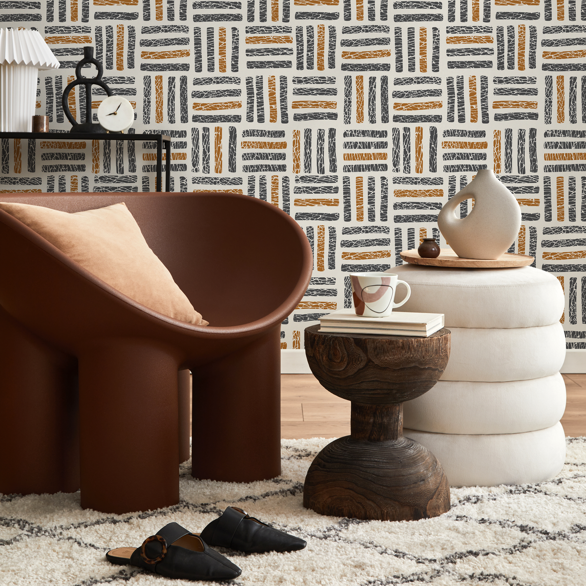 Ethnic Wallpaper with a Textured Basketweave Motif in Black and Brown - detail view