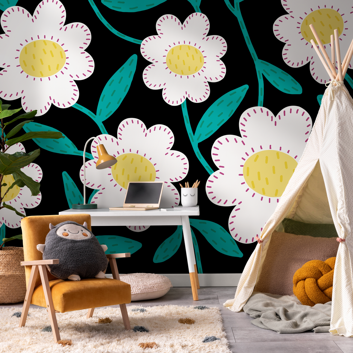 Floral Wallpaper with Stitched Daisy Flowers in Black, Teal, and Yellow - detail view