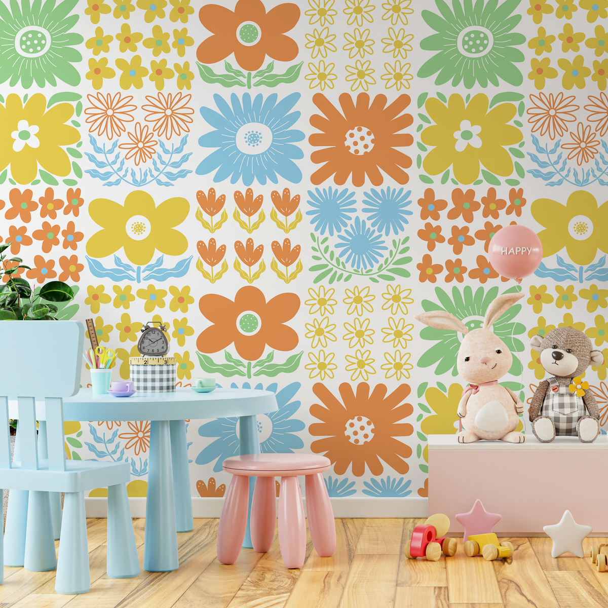 Floral Wallpaper with a Retro Block Print Motif in Orange, Blue, and Yellow - detail view