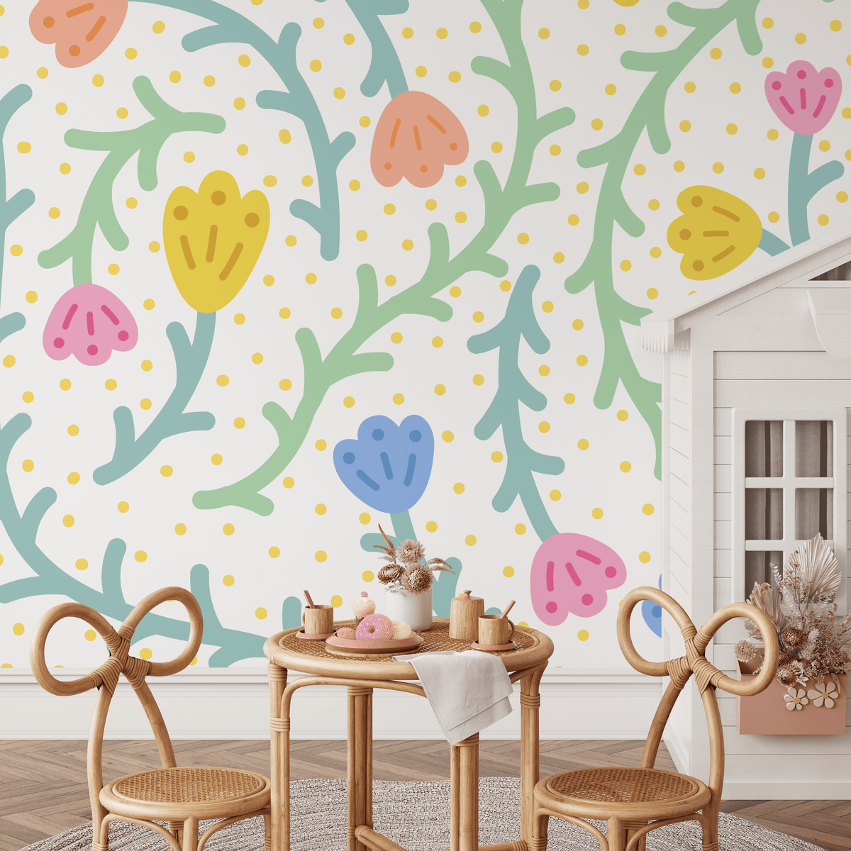 Kids Wallpaper with Abstract Flowers and Dots in Yellow, Blue, and Pink - detail view