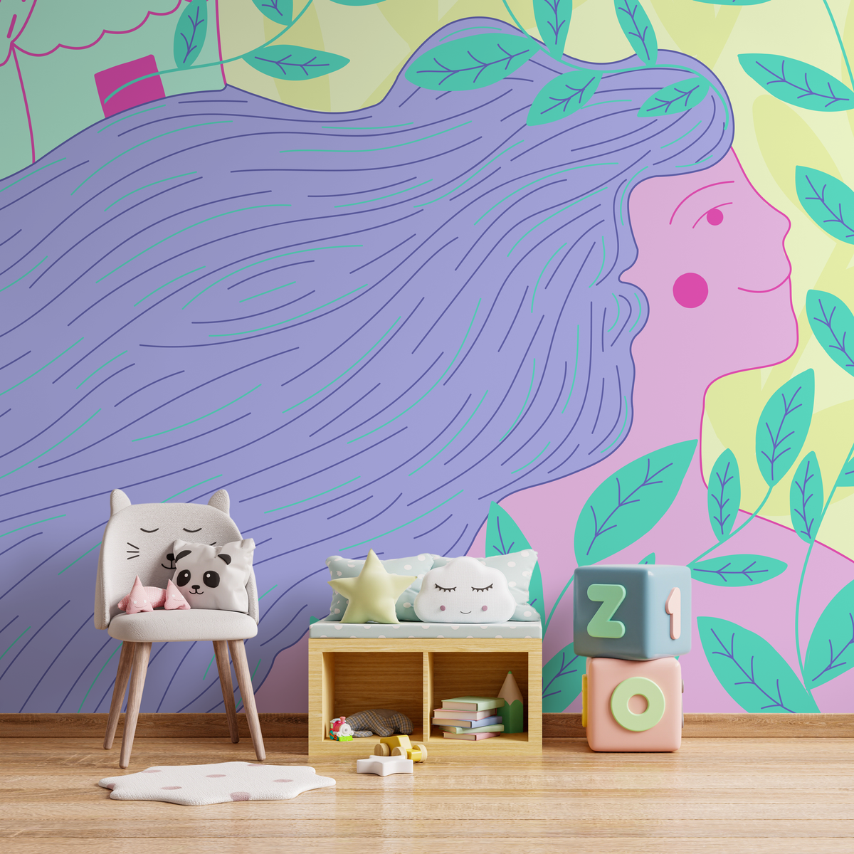 Illustrative Wallpaper with a Stylized Woman in Purple, Pink, and Green - detail view