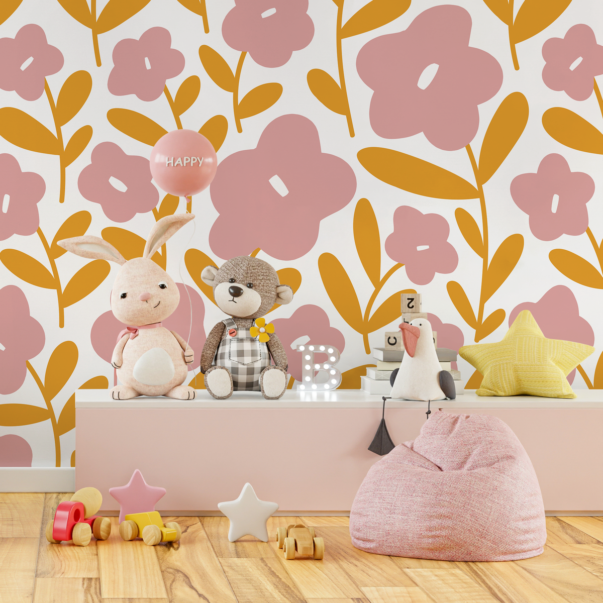 Floral Wallpaper Featuring Stylized Flowers in Pink and Yellow - detail view
