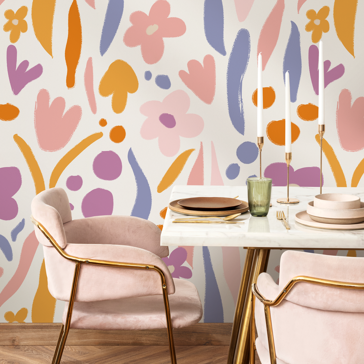 Floral Wallpaper with Abstract Brushstrokes in Pink, Purple, and Orange - AS2 - detail view