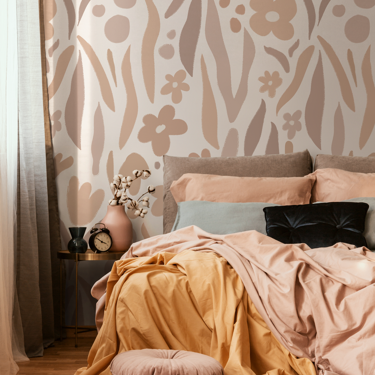 Boho Wallpaper with Abstract Flowers in Beige and Brown - AS2 - detail view