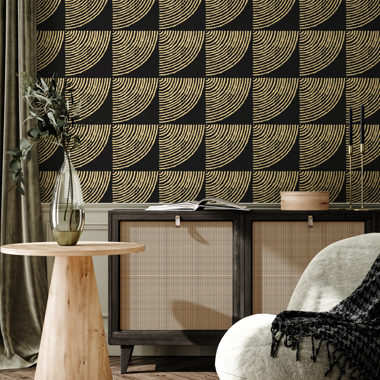Geometric Wallpaper with a Tiled Arc Motif in Black and Gold - C483