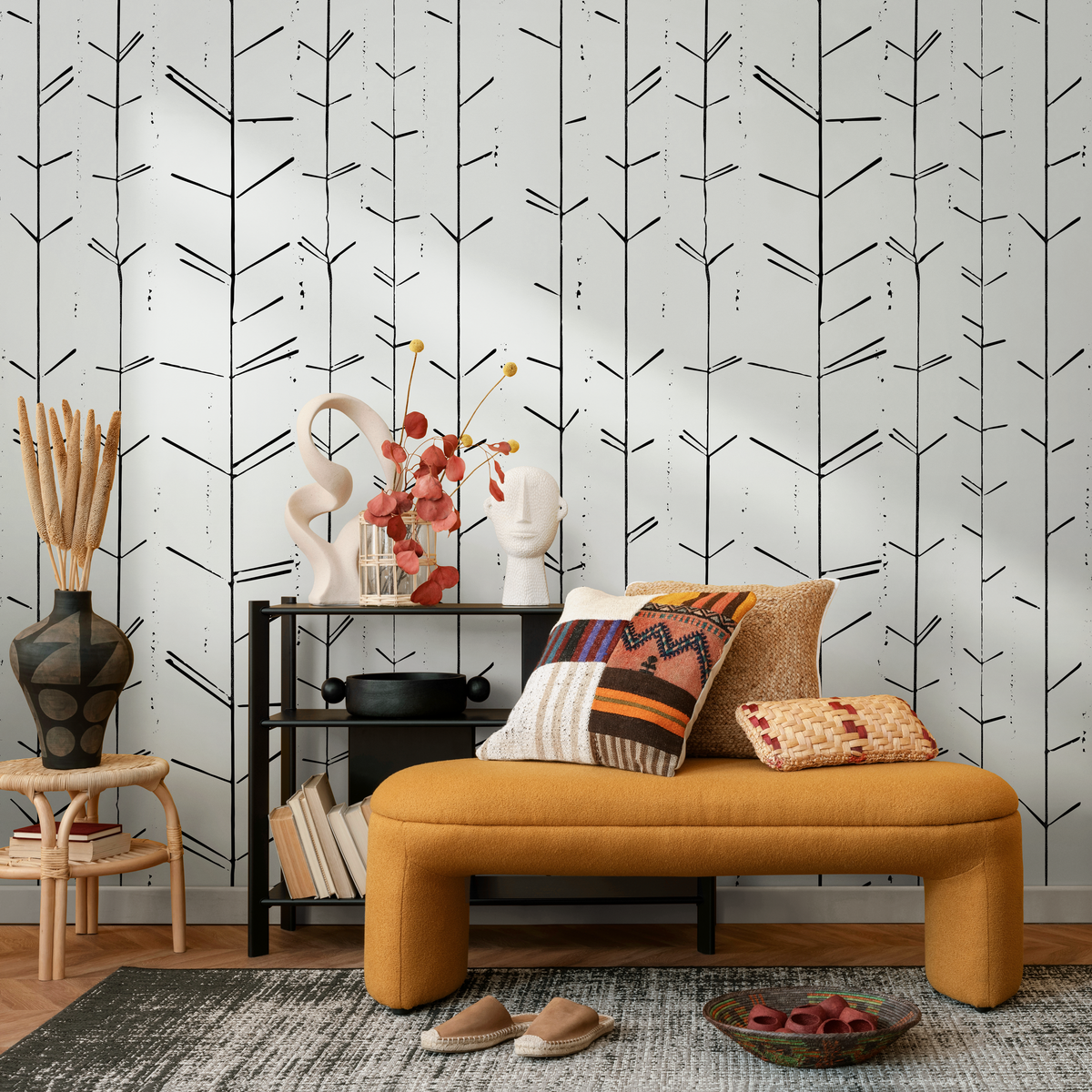 Minimalist Wallpaper with Abstract Branch Stems in Black - room view