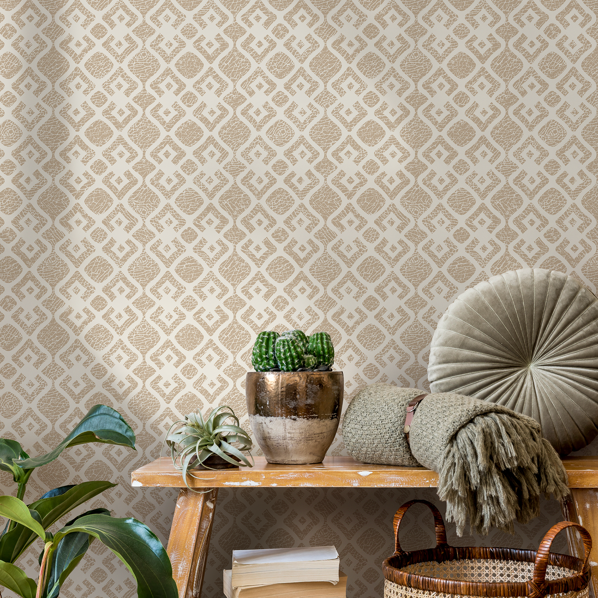 Geometric Wallpaper with a Textured Trellis Motif in Beige and Cream - room view